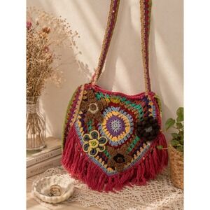 J.P. & Mattie Crochet Crossbody Bag Boho Granny Square Fringe Floral Multi Color